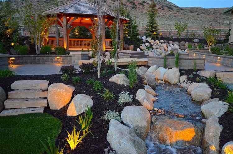 A nice out door living space that incorporates both landscaping and hardscaping features.