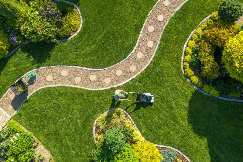Overhead view of area landscaper working on yard. View shows a stone path and well-tended plants.