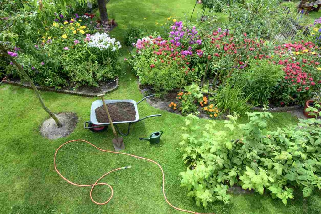 Overhead view of a garden and tools from professional landscapers and landscaping experts. Many kinds of plants surround a wheelbarrow and green grass.