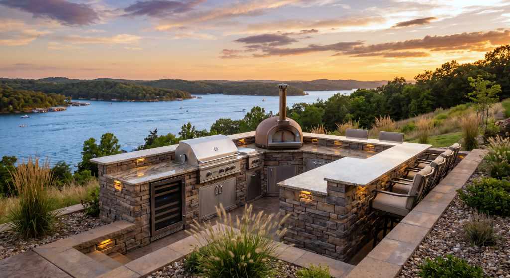 A panoramic sunset photograph of a custom stacked-stone and granite outdoor kitchen overlooking Lake of the Ozarks. The luxury setup includes a built-in grill, pizza oven, bar seating, and integrated lighting, built on a tiered patio on a sloped waterfront lot by Heartland Landscape Group.