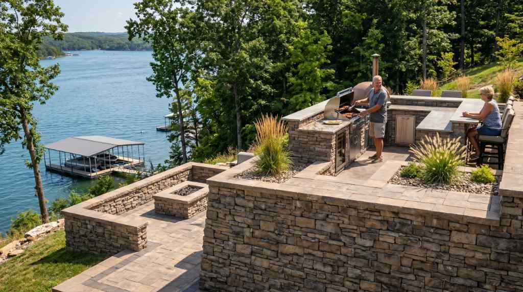 A daytime photograph of a multi-level outdoor living space built on a steep Lake of the Ozarks slope. A robust stone retaining wall supports a tiered paver patio. On the upper level, a person grills at a custom outdoor kitchen (identical materials to previous images), while guests relax at a seated bar. The background shows the lot sloping down to a private dock.