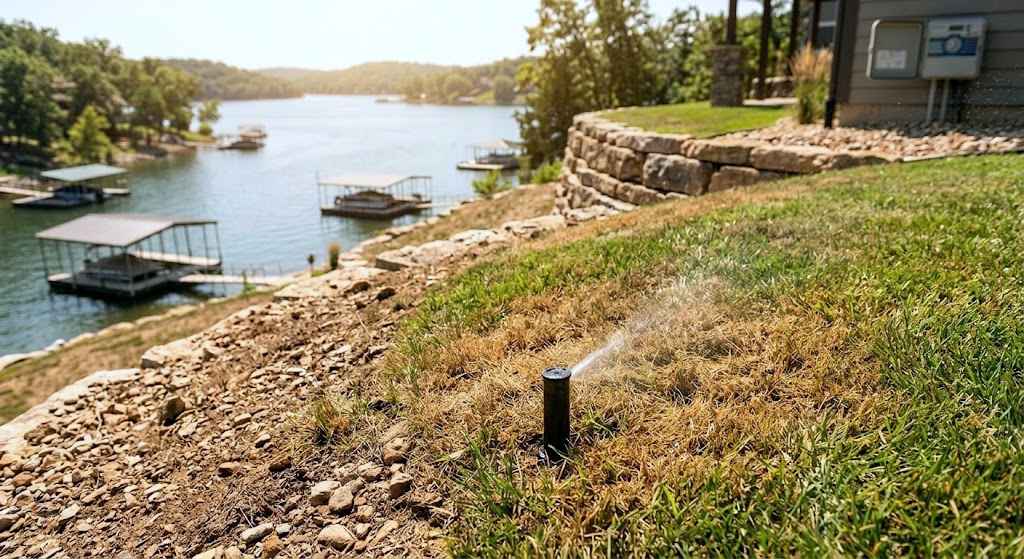 A pop-up sprinkler head spraying weakly over a dry brown patch of grass on a steep, rocky sloped lawn overlooking Lake of the Ozarks, with boat docks and a smart controller visible in the background.
