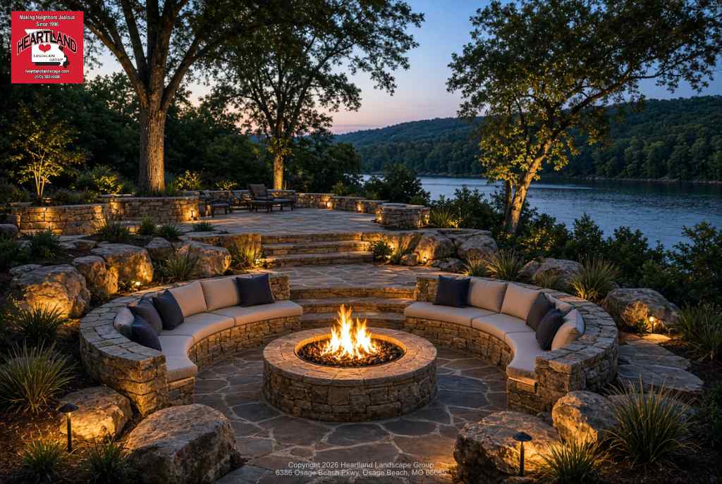 Warmly lit stone firepit with wrap-around seating and accent landscape lighting on a multi-level hardscape patio overlooking the lake at dusk.